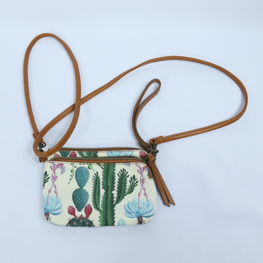 Kohl's Cream Cactus Print Crossbody Bag Womens Desert Botanical Triple Zip Small